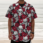 Red Peony Skull Pattern Print Textured Short Sleeve Shirt