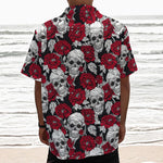 Red Peony Skull Pattern Print Textured Short Sleeve Shirt