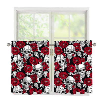Red Peony Skull Pattern Print Tier Curtains