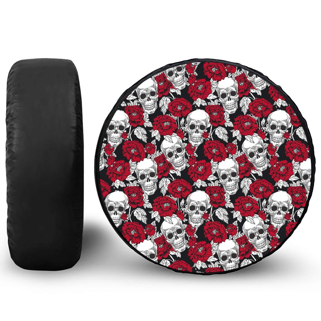 Red Peony Skull Pattern Print Tire Cover
