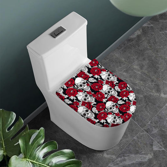 Red Peony Skull Pattern Print Toilet Lid Cover