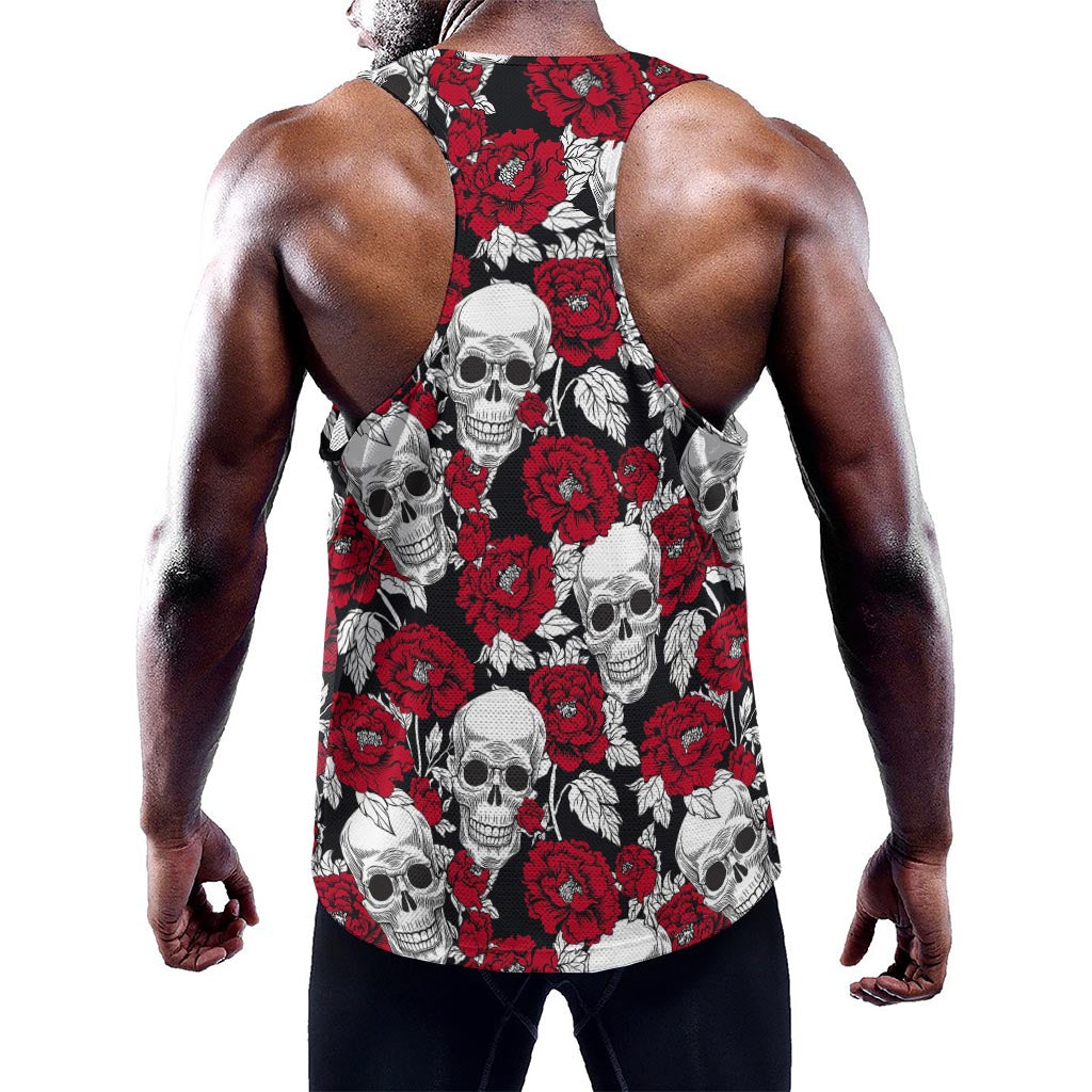 Red Peony Skull Pattern Print Training Tank Top