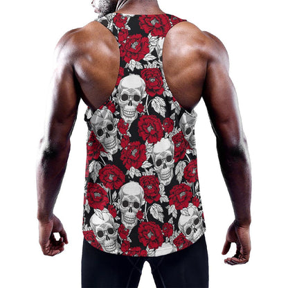 Red Peony Skull Pattern Print Training Tank Top