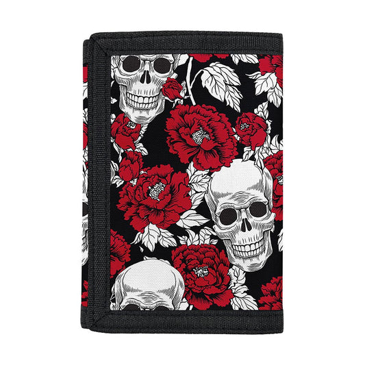 Red Peony Skull Pattern Print Trifold Wallet