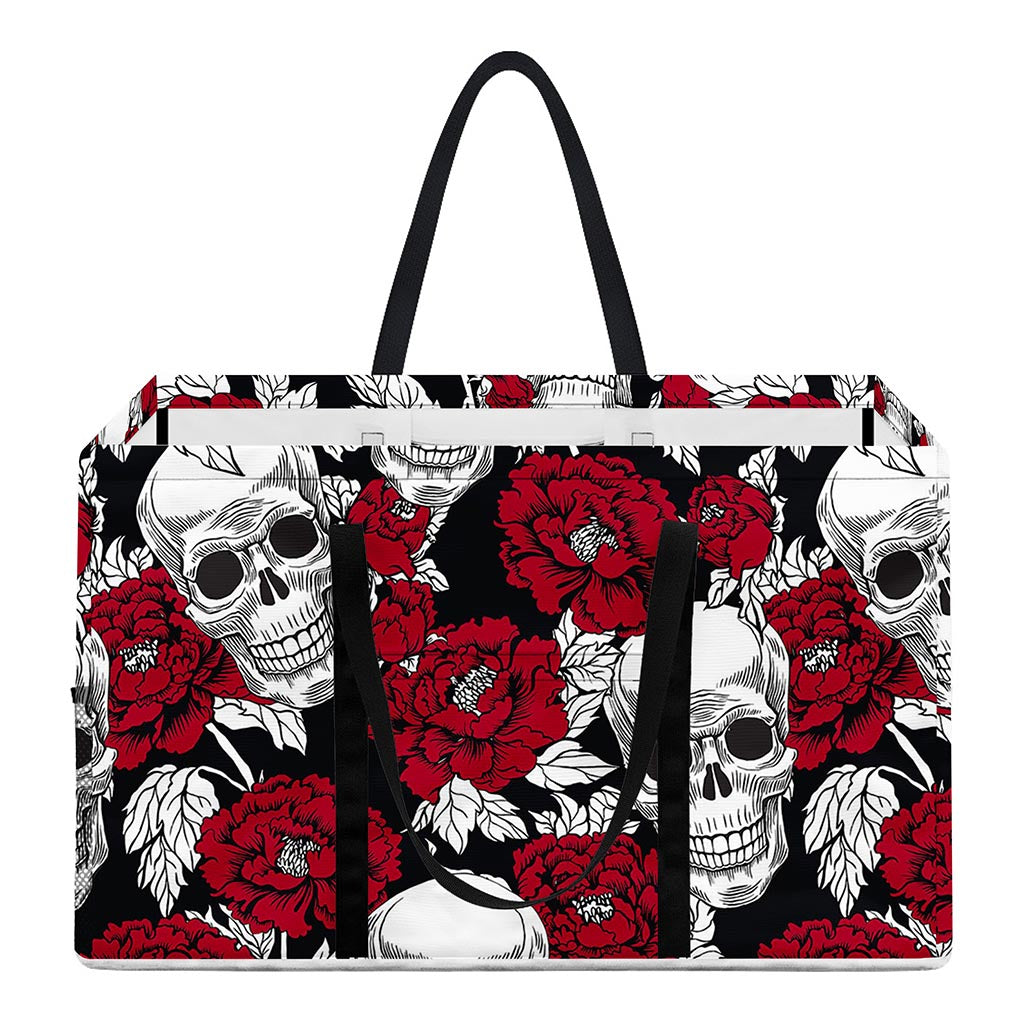 Red Peony Skull Pattern Print Utility Tote Bag