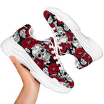 Red Peony Skull Pattern Print White Chunky Shoes
