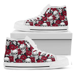 Red Peony Skull Pattern Print White High Top Sneakers