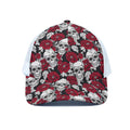 Red Peony Skull Pattern Print White Mesh Trucker Hat