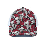 Red Peony Skull Pattern Print White Mesh Trucker Cap