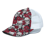 Red Peony Skull Pattern Print White Mesh Trucker Cap