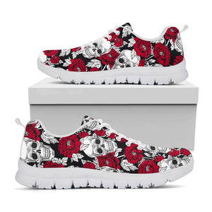 Red Peony Skull Pattern Print White Running Shoes