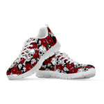 Red Peony Skull Pattern Print White Running Shoes