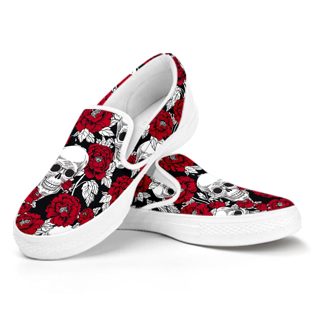 Red Peony Skull Pattern Print White Slip On Sneakers