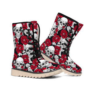 Red Peony Skull Pattern Print Winter Boots