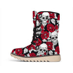 Red Peony Skull Pattern Print Winter Boots