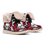 Red Peony Skull Pattern Print Winter Boots