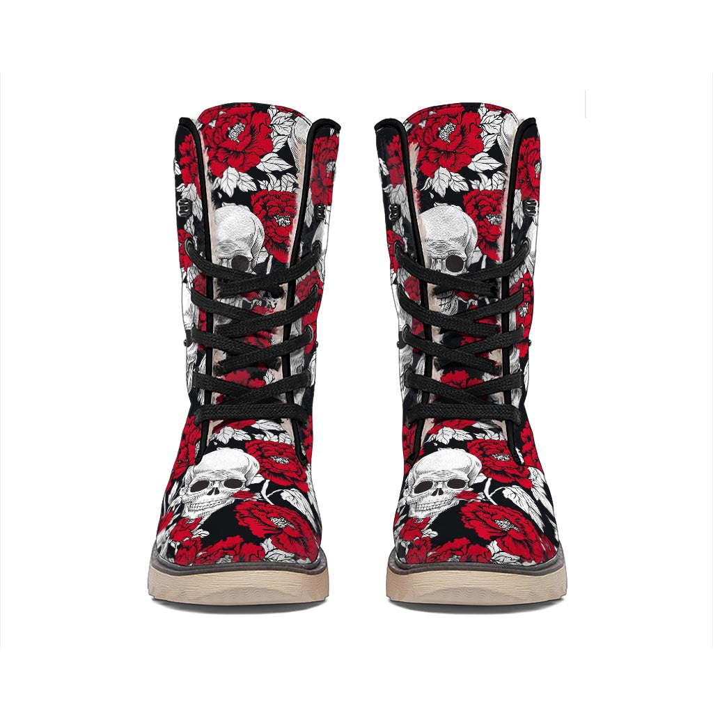 Red Peony Skull Pattern Print Winter Boots