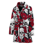 Red Peony Skull Pattern Print Women's Bathrobe