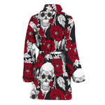 Red Peony Skull Pattern Print Women's Bathrobe