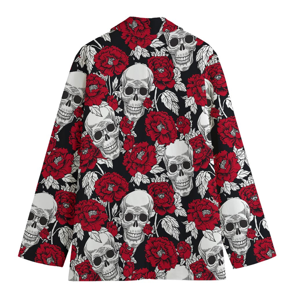 Red Peony Skull Pattern Print Women's Blazer