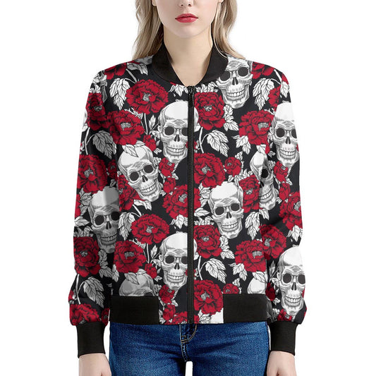 Red Peony Skull Pattern Print Women's Bomber Jacket
