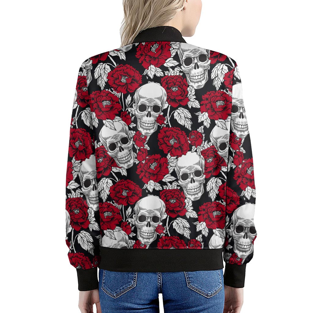 Red Peony Skull Pattern Print Women's Bomber Jacket