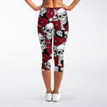 Red Peony Skull Pattern Print Women's Capri Leggings