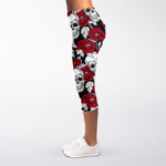 Red Peony Skull Pattern Print Women's Capri Leggings