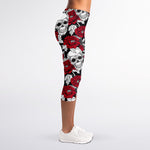 Red Peony Skull Pattern Print Women's Capri Leggings