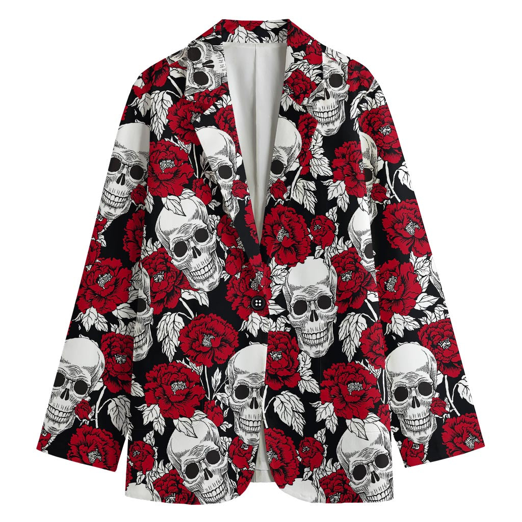 Red Peony Skull Pattern Print Women's Cotton Blazer