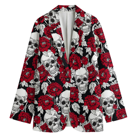 Red Peony Skull Pattern Print Women's Cotton Blazer