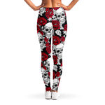 Red Peony Skull Pattern Print Women's Leggings