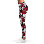 Red Peony Skull Pattern Print Women's Leggings