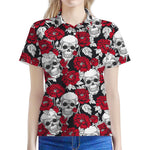 Red Peony Skull Pattern Print Women's Polo Shirt