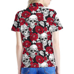 Red Peony Skull Pattern Print Women's Polo Shirt