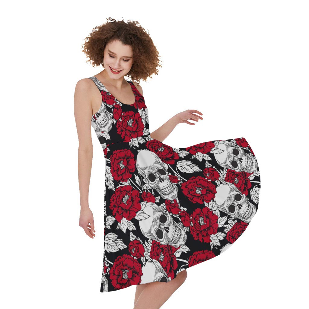 Red Peony Skull Pattern Print Women's Sleeveless Dress