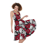 Red Peony Skull Pattern Print Women's Sleeveless Dress