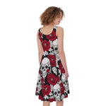 Red Peony Skull Pattern Print Women's Sleeveless Dress