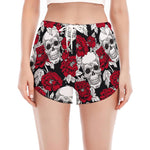 Red Peony Skull Pattern Print Women's Split Running Shorts