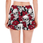 Red Peony Skull Pattern Print Women's Split Running Shorts