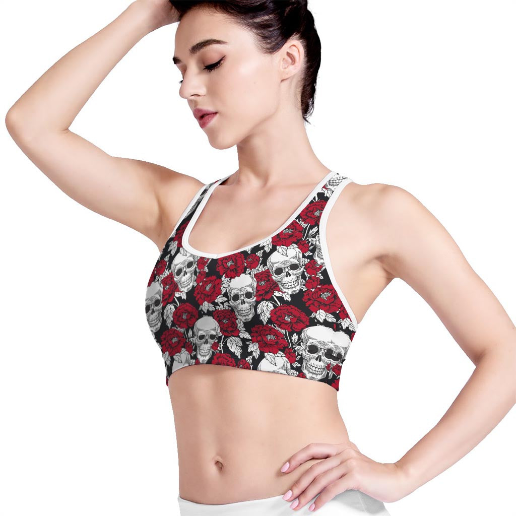 Red Peony Skull Pattern Print Women's Sports Bra