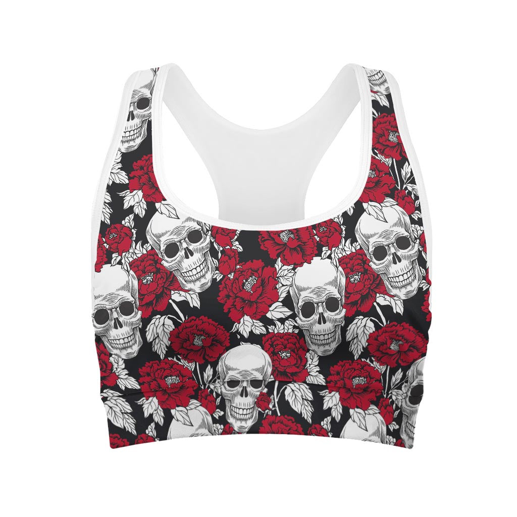 Red Peony Skull Pattern Print Women's Sports Bra