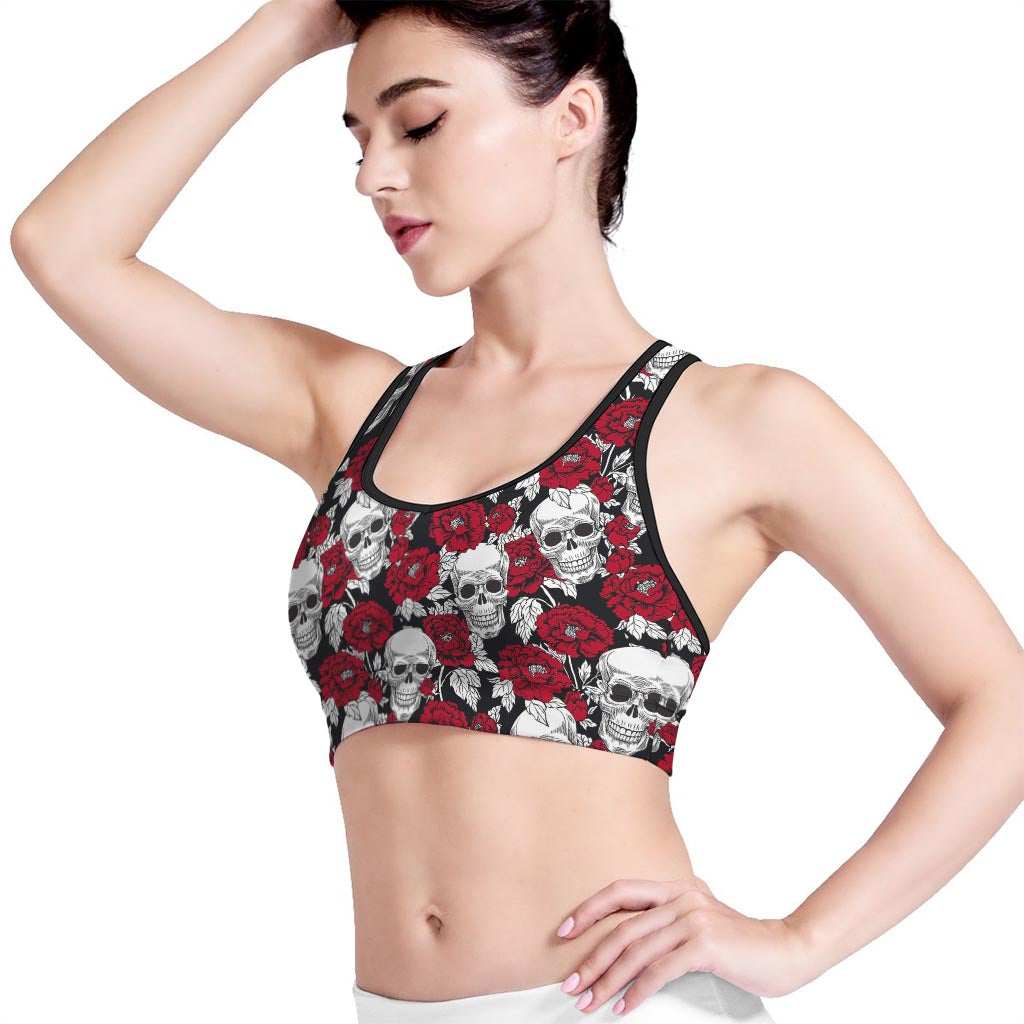 Red Peony Skull Pattern Print Women's Sports Bra