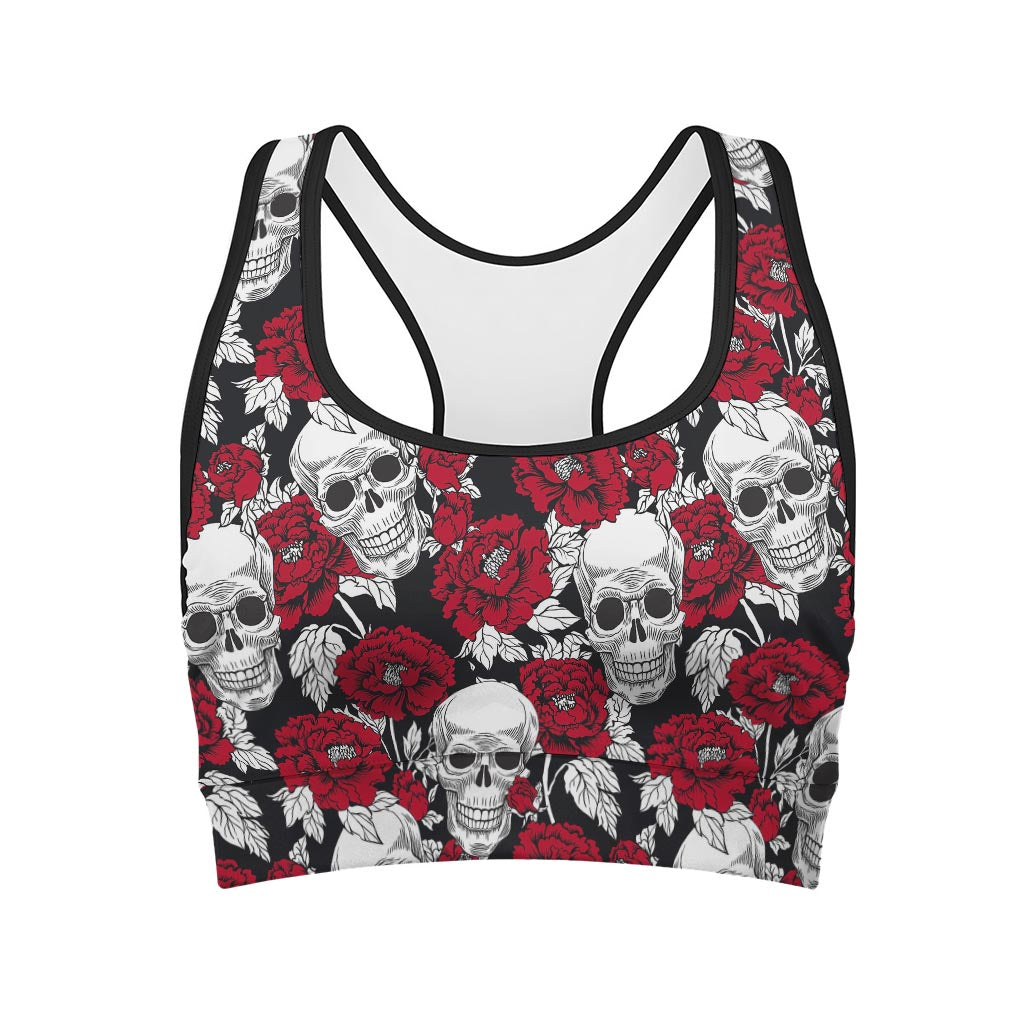 Red Peony Skull Pattern Print Women's Sports Bra