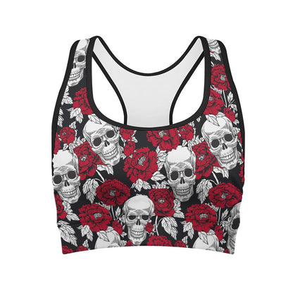 Red Peony Skull Pattern Print Women's Sports Bra