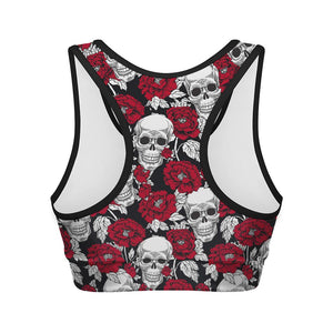 Red Peony Skull Pattern Print Women's Sports Bra