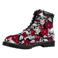 Red Peony Skull Pattern Print Padded Collar Lace Up Boots