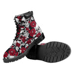 Red Peony Skull Pattern Print Work Boots