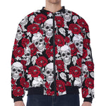 Red Peony Skull Pattern Print Zip Sleeve Bomber Jacket