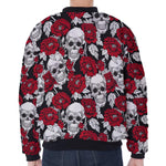 Red Peony Skull Pattern Print Zip Sleeve Bomber Jacket